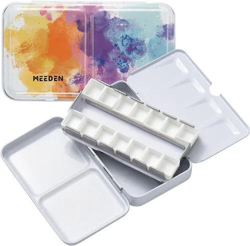 MEEDEN Paleta de pintura de acuarela vacía: lata de paleta de colores de agua de viaje con 12 medias sartenes - Caja de lata portátil de paleta de