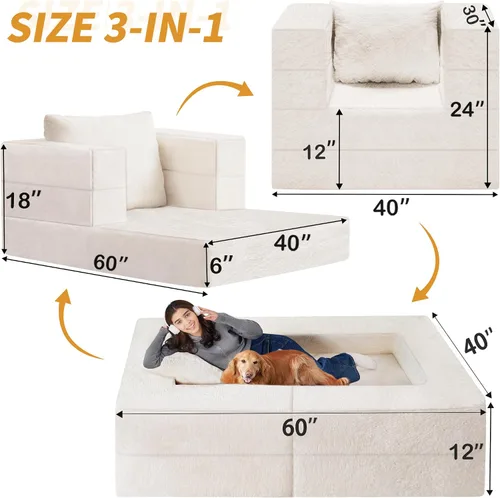 Miniatura 3 de Cama humana gigante para perro, cama 3 en 1 para perro de tamaño humano con funda de piel sintética lavable, cama grande plegable para mascotas