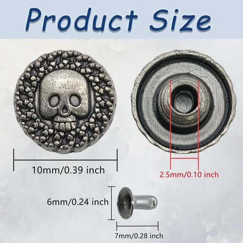 Miniatura 2 de 100 botones de calavera de metal, remaches de calavera, botones de decoración de cuero, remaches de metal para accesorios de bricolaje