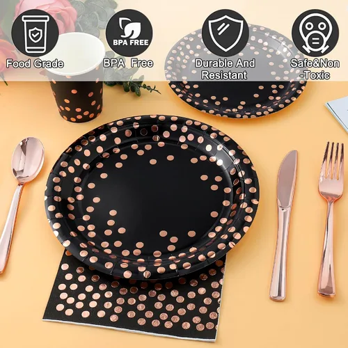 Miniatura 3 de 175 piezas de suministros de fiesta de color negro y oro rosa, lunares de oro rosa en platos de papel negro, servilletas y vasos, juegos de vajilla