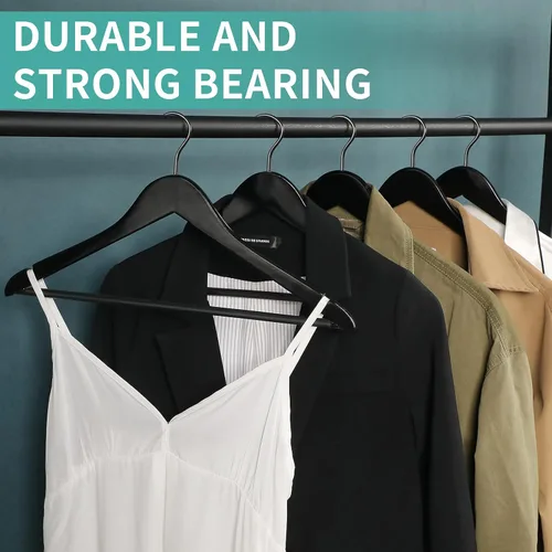 Miniatura 8 de Paquete de 20 perchas de madera maciza de alta calidad para trajes y abrigos con barra antideslizante para pantalones, ganchos con revestimiento