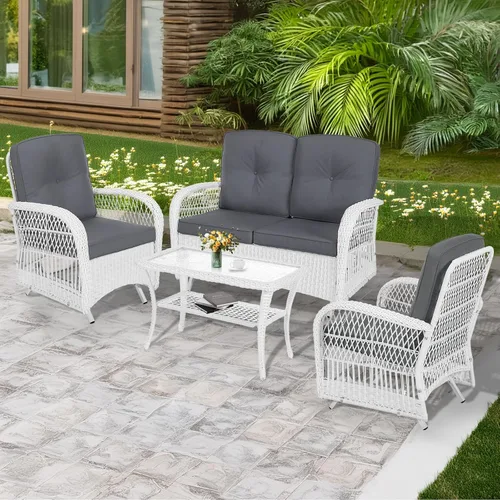 Miniatura 9 de MEETWARM Juego de 3 piezas de mimbre giratorio para patio al aire libre, mecedoras, juegos de muebles de patio de ratán con cojín grueso y mesa