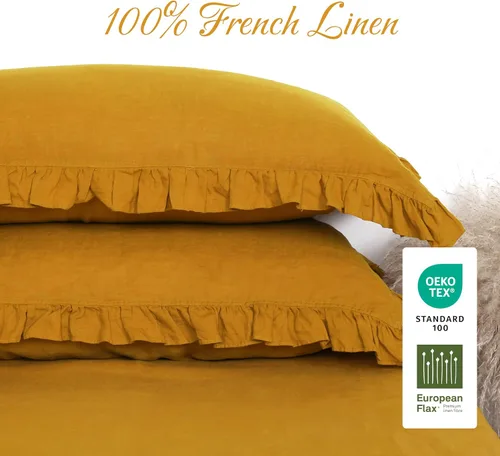 Miniatura 6 de Juego de 2 fundas de almohada de lino con volantes, 100% lino natural francés, fundas de almohada decorativas bohemias con volantes, tamaño King