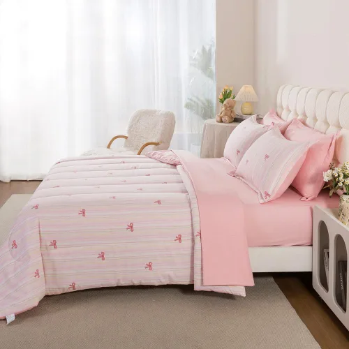 Miniatura 5 de Juego de ropa de cama de 5 piezas con lazo rosa para niñas, tamaño individual, ropa de cama Kawaii en una bolsa con sábanas de microfibra suave