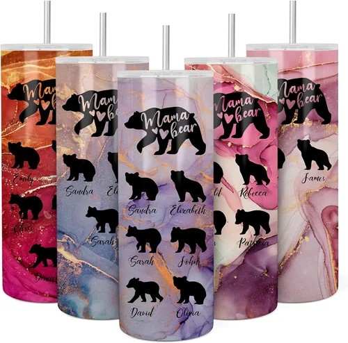 Vaso personalizado de mamá oso – 20 onzas, pajilla, tapa – 30 colores, hasta 6 cachorros – Regalos para mamá de hija, hijo, regalos para la nueva