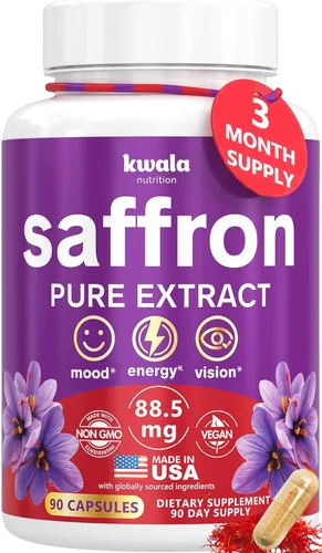 Kwala Nutrition Suplementos de azafrán para el estado de ánimo y la concentración | 88.5 mg de extracto de azafrán puro | Hecho en Estados Unidos |