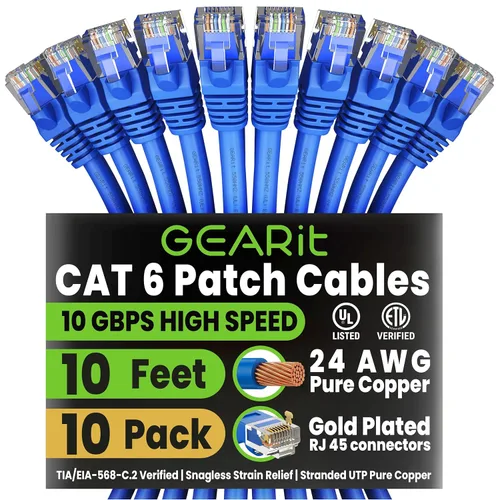 Miniatura 75 de Paquete de Cable Ethernet Cat 6 GEARit - Pack de 10 cables de conexión Ethernet Cat6 de 15 pies Cable de conexión de red RJ45, conectores dorados