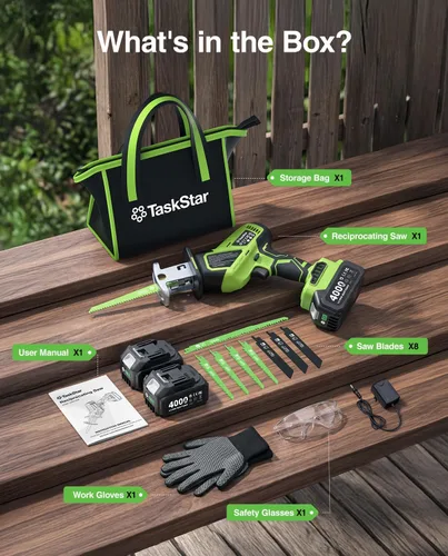 Miniatura 9 de TaskStar Sierra recíproca inalámbrica 21V: sierra recíproca con una sola mano con motor sin escobillas de 0-3500 RPM, 2 baterías de 4.0 Ah, 8