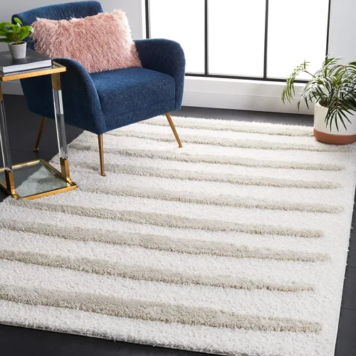 Miniatura 10 de SAFAVIEH Hi-Lo Shag Collection - Alfombra para pasillo, 2 pies 2 pulgadas x 8 pies, color beige, diseño moderno a rayas, no desprende pelusa