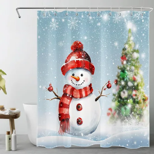 Miniatura 14 de LB Cortina de ducha de muñeco de nieve azul para baño, árbol de Navidad y copo de nieve en invierno con ganchos, juego de cortina de baño