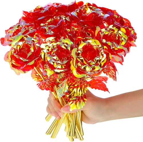 Miniatura 12 de Lyrow 12 rosas de galaxia con tallos, regalo para ella, rosa de cristal falsa preservada de 24 quilates para decoración de cumpleaños, boda, 10 Azul