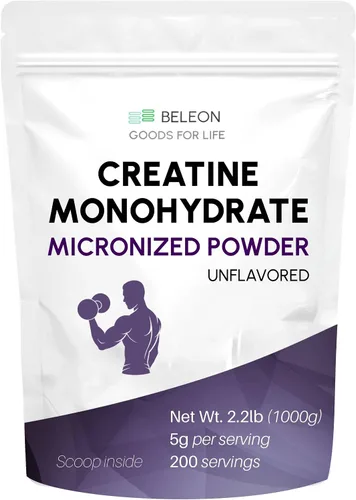Monohidrato de creatina en polvo de 2.2 libras, creatina micronizada en polvo, sin sabor, puro y sin gluten, 200 porciones, cucharada de 0.18 onzas