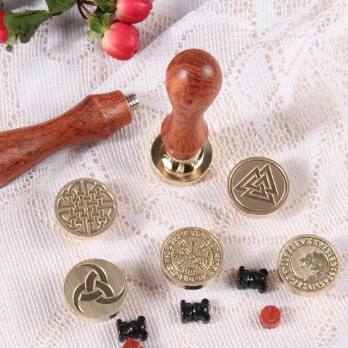 Miniatura 4 de Juego de 6 piezas de sello de cera de madera con cabeza de latón extraíble + 2 asas de madera + caja de cofre del tesoro de madera y cuero
