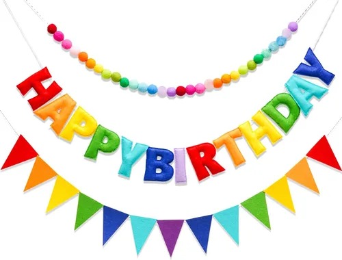Miniatura 28 de Cartel de feliz cumpleaños preencordado – Guirnalda de bola de fieltro, decoraciones de fiesta de arcoíris, guirnalda de feliz cumpleaños, letrero