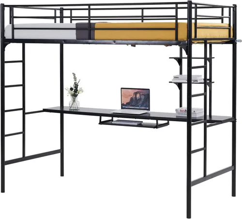 Miniatura 11 de Karl home - Litera de tamaño individual sobre individual en negro con 2 cajones de almacenamiento, litera de metal con escalera incorporada