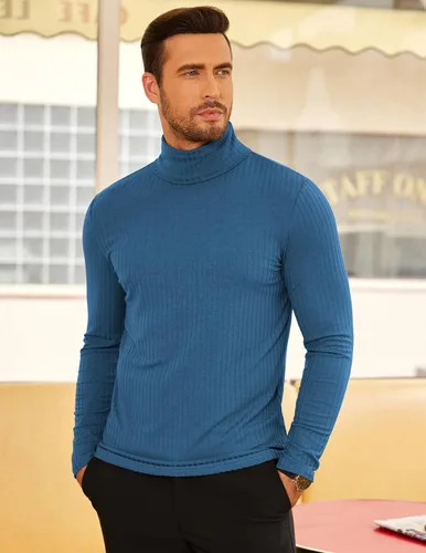 Miniatura 2 de COOFANDY Camisetas de manga larga con cuello alto para hombre, ajustadas, acanaladas, básicas, suéter de punto ligero