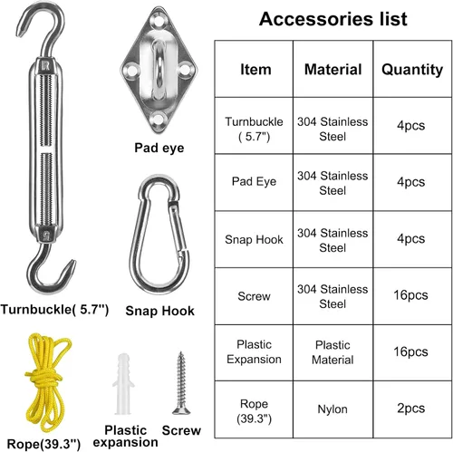 Miniatura 5 de Kit de herramientas para toldo, kit de accesorios de acero inoxidable para triángulo, cuadrado, rectangular, instalación de toldo para patio y césped