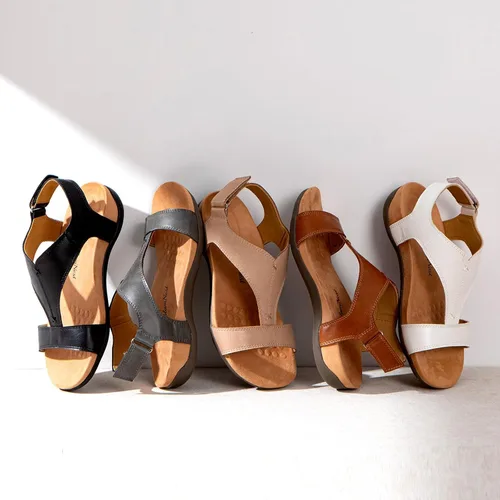 Miniatura 7 de Sandalias ortopédicas para mujer con puntera abierta, correa en T, sandalias planas ortopédicas con soporte para el arco y correas ajustables