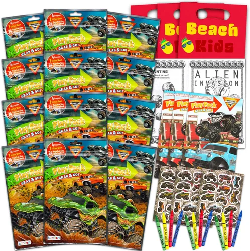 Monster Jam Juego de recuerdos de fiesta: paquete con 12 paquetes de juegos de Monster Truck con páginas para colorear, calcomanías, bolsas de botín