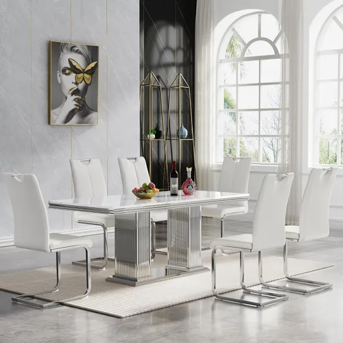 Miniatura 11 de Juego de mesa de comedor de 5 piezas, moderno juego de mesa de comedor para 4, 70 pulgadas, juego de mesa de comedor de mármol sintético blanco