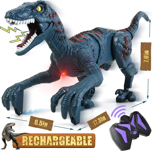 Juguetes grandes de dinosaurio con control remoto para niños, juguetes de velociraptor jurásico que imita caminar y sonidos, juguetes robot que