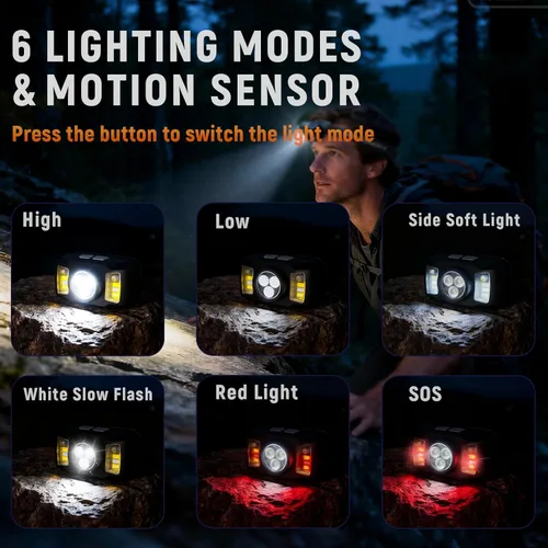 Miniatura 5 de Linterna frontal recargable mejorada, linterna ultra brillante con luz blanca y roja, luces frontales con sensor de movimiento para la frente