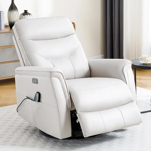 Miniatura 5 de Silla reclinable para adultos, mecedora eléctrica de piel sintética para masaje y calor, silla reclinable giratoria de gran tamaño con puertos USB