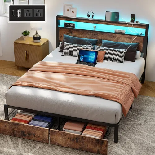 Miniatura 20 de SADENICEL Base de cama de tamaño matrimonial con almacenamiento, plataforma de cama de madera LED con cabecero, 4 cajones, estación de carga,