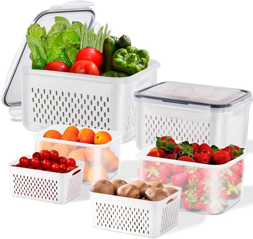 Paquete de 4 recipientes de almacenamiento de alimentos frescos, caja ahorradora de productos de gran capacidad con cestas de drenaje y tapa,