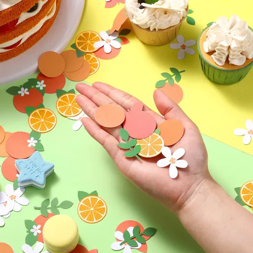 Miniatura 4 de 300 piezas de confeti Little Cutie Baby Shower Confeti cítricos, papel redondo naranja mandarina flor blanca verde eucalipto disperso para baby