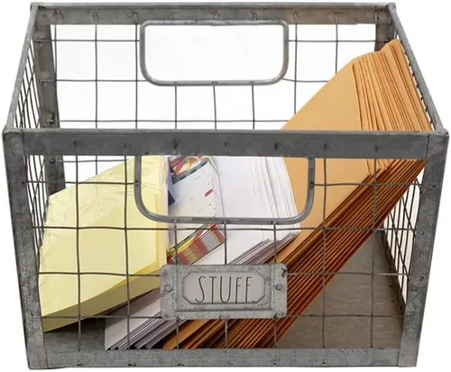 Miniatura 3 de Rae Dunn Cesta de almacenamiento de alambre, organizador de acero galvanizado y madera maciza, contenedor decorativo con dos asas y ranura
