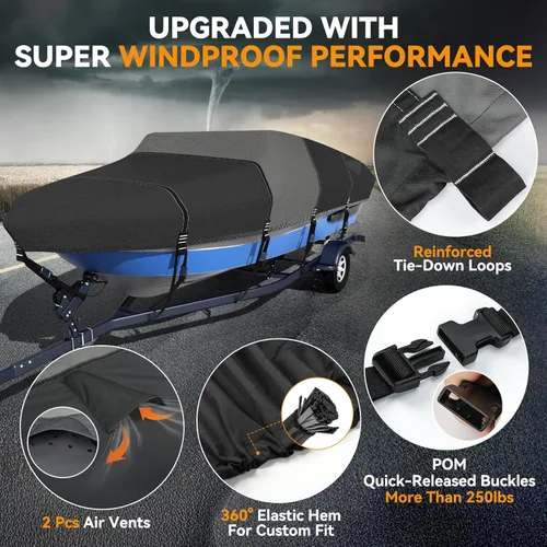 Miniatura 6 de Funda para barco 1600D + 1200D con bucles de 2 pulgadas de ancho para remolque y amarre, ultraduradera, impermeable, se adapta a Tri-Hull, V-Hull