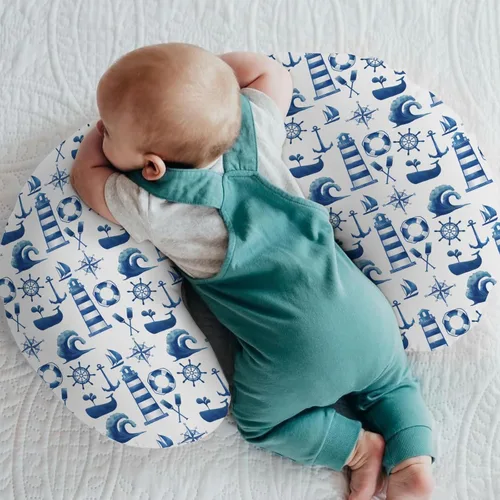 Miniatura 2 de Fundas de almohada náuticas de lactancia para bebés náuticos de color blanco marino para niño y niña, brújula, anclajes de ballena, almohada de Azul