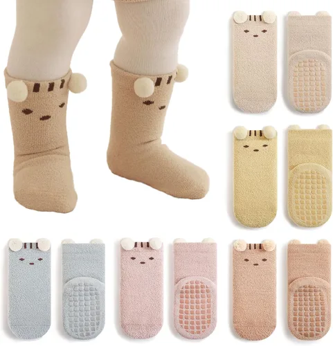 Calcetines antideslizantes para bebés con agarres, calcetines gruesos y cálidos para niños y niñas, 5 pares