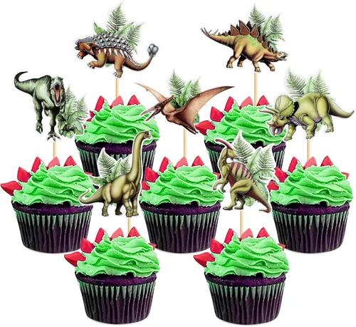 Miniatura 23 de Ercadio Paquete de 32 adornos para cupcakes de dinosaurios de dibujos animados, lindos dinosaurios para bebé, temática de dinosaurio, baby shower