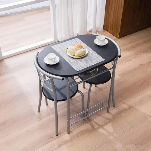 Miniatura 4 de Juego de mesa redonda y sillas de madera para cocina, comedor, 3 piezas, con marco de metal y estante de almacenamiento, bistró, pub, desayuno, Negro