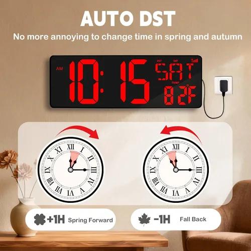 Miniatura 4 de Reloj de pared digital con pantalla grande: reloj digital LED de 16.5 pulgadas con control remoto, fecha, semana, DST automático, brillo ajustable