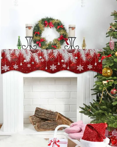 Miniatura 4 de Bufanda roja de Navidad para chimenea, decoraciones para repisa de chimenea, bolas de Navidad, copo de nieve, hojas de pino plateadas, cubierta