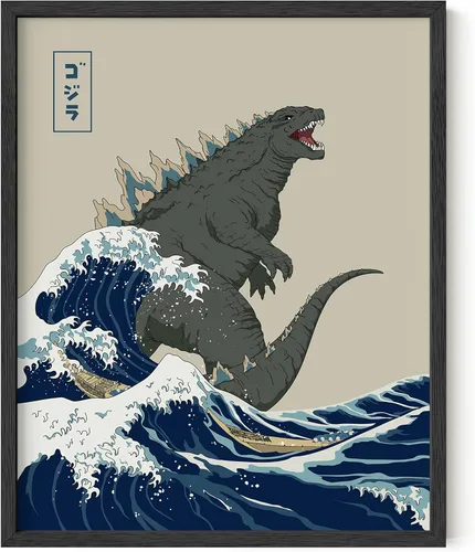 HAUS AND HUES Arte de pared japonés - Póster de rey de monstruos, gran ola, marco negro, 16 x 20 pulgadas Gran Ola Vs. Godzilla