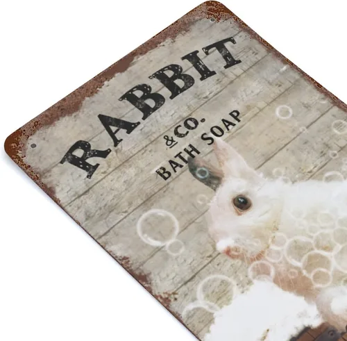 Miniatura 7 de Placa colgante de hierro vintage con diseño de conejo y jabón de metal con texto en inglés "Wash Your Paws", letrero de hojalata retro divertido