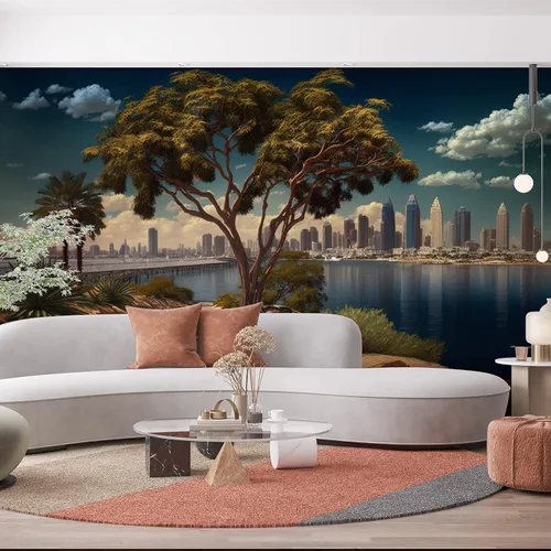 Miniatura 5 de Papel tapiz único de paisaje de la ciudad de San Diego, rascacielos y vista del árbol, arte mural de pared grande para decoración de dormitorio