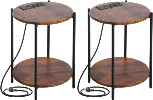 Miniatura 10 de Gawicpy - Mesa auxiliar de 2 niveles redonda, mesa de café plegable, mesa de sofá simplificada, mesa de acento para interiores y exteriores