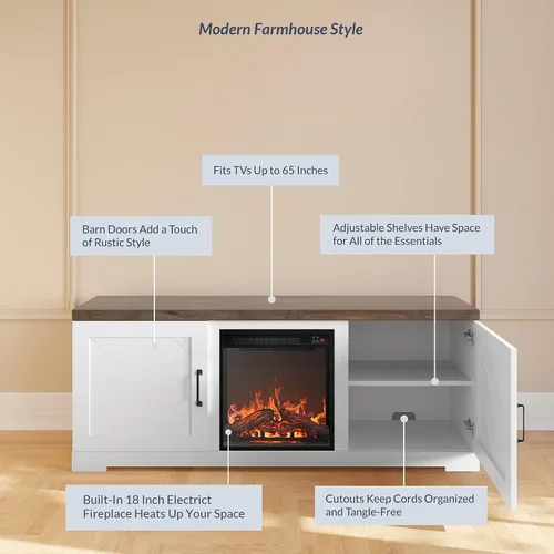 Miniatura 4 de BELLEZE Moderno soporte de TV de 58" estilo granja con calefactor eléctrico de chimenea de 18" y centro de entretenimiento multimedia para TV