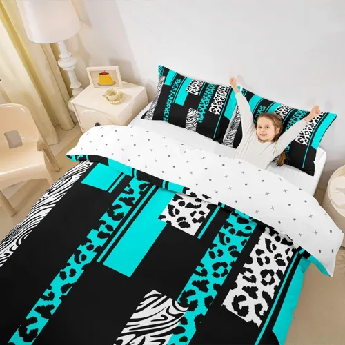 Miniatura 5 de Juego de ropa de cama con estampado de cebra de leopardo, tamaño Queen, para niños, color verde azulado, blanco, negro, juego de funda de edredón