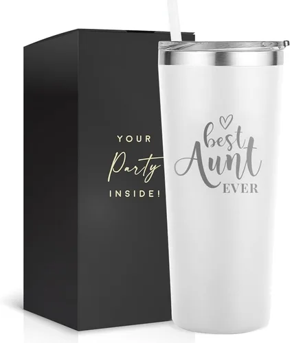 Vaso de la mejor tía – Vaso blanco grabado de 22 onzas – Regalos para tía con popote y tapa, gran regalo para la mejor tía monstruosa de la historia