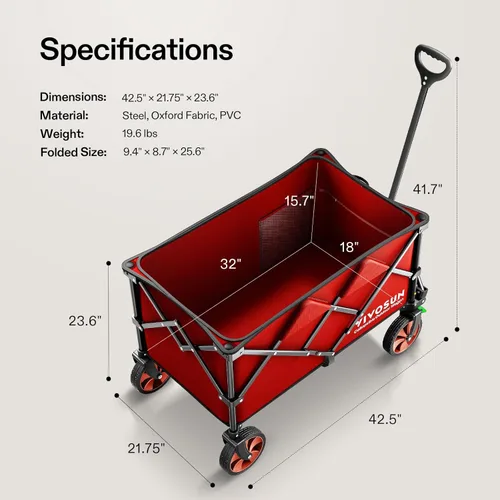 Miniatura 7 de VIVOSUN Carrito Plegable Colapsible, Carro de Utilidad para Exteriores con Capacidad de Carga de 350 lb con Ruedas Universales Silenciosas, Rojo