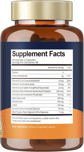 Miniatura 7 de Ácido Alfa Lipoico 600mg con Benfotiamina 300mg - Suplemento ALA para Apoyo de Neuropatía, Salud Nerviosa y Antioxidante, Energía Celular