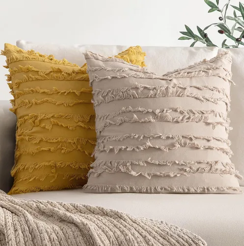 Miniatura 4 de MIULEE - Juego de 2 fundas de cojín decorativas de lino y estilo bohemio, con patrón jacquard a rayas, para sofá, sillón, sala de estar y Beige
