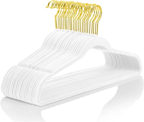 Miniatura 24 de MIZGI - Ganchos de terciopelo prémium (paquete de 50 unidades), de alta resistencia, antideslizantes, color blanco con garfio cromado; ganchos