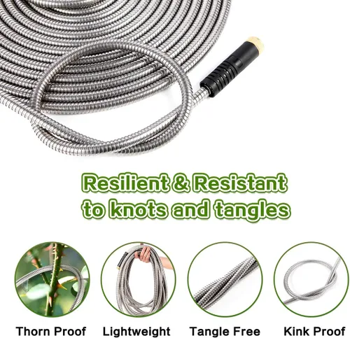 Miniatura 3 de Manguera de jardín de metal flexible de 25 pies, manguera de agua resistente con acero inoxidable 304 duradero y boquilla rociadora de 10 vías